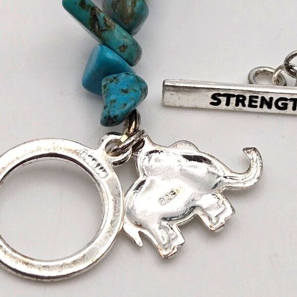 Turquoise Chip Stretch Bracelet with 925 Silver Elephant Charm and Toggle Clasp - Picture 3 of 5